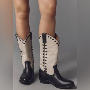 Frye NWT Black White Billy Pull On Studded Heeled Western Cowboy Boots (Size 9)